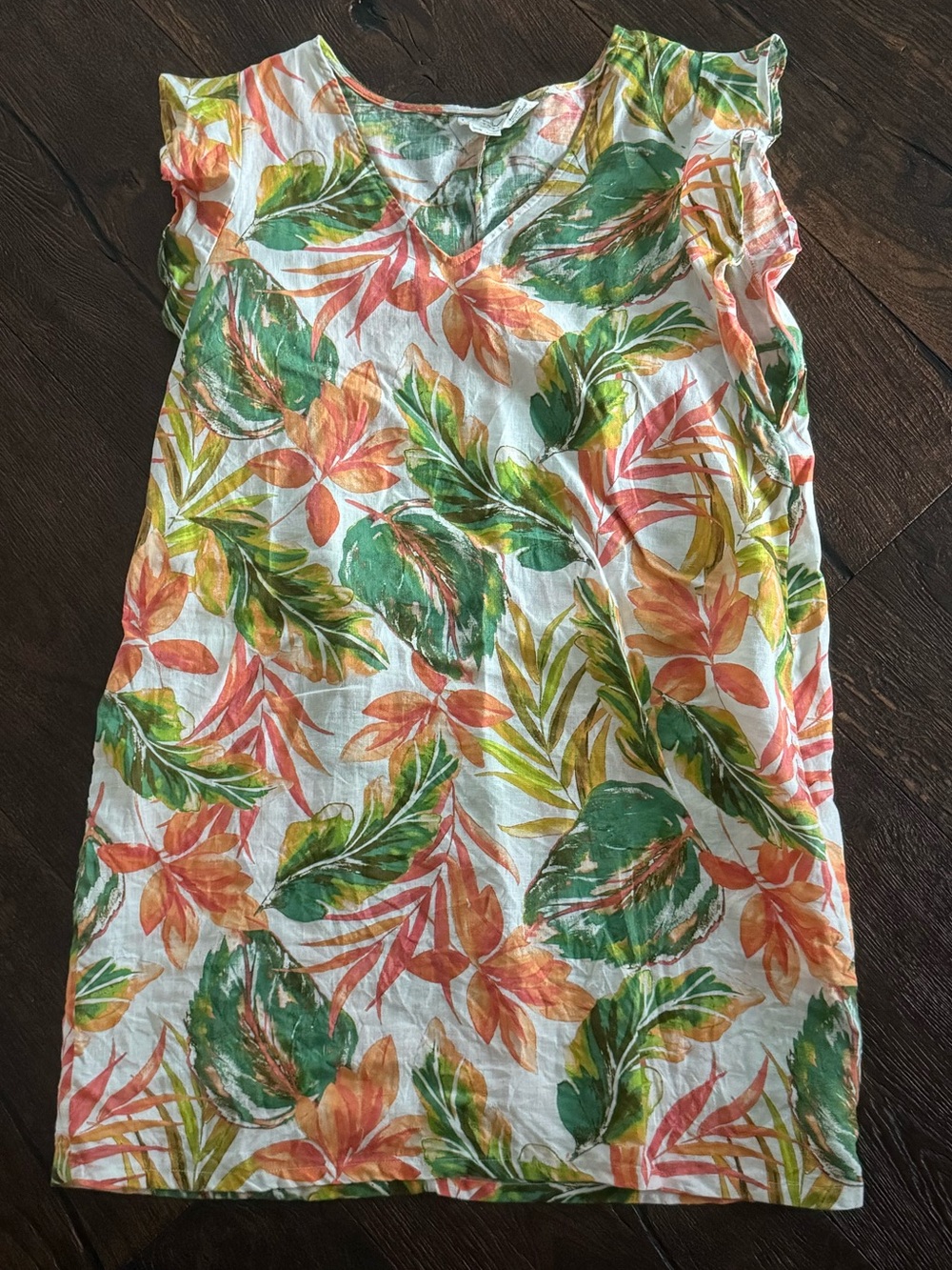 Nicole Miller White Tropical Floral Mini Dress with Green and Orange Leaves